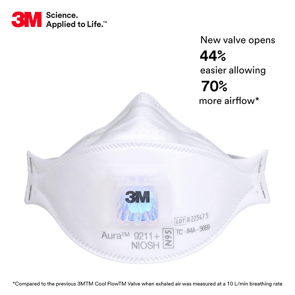 3M Aura 9211+ respirator showing Cool Flow valve for easier breathing in warm environments
