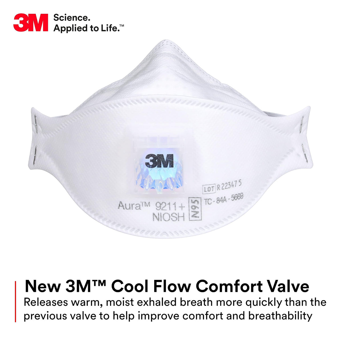3M Aura 9211+ embossed top panel reduces eyewear fogging during use