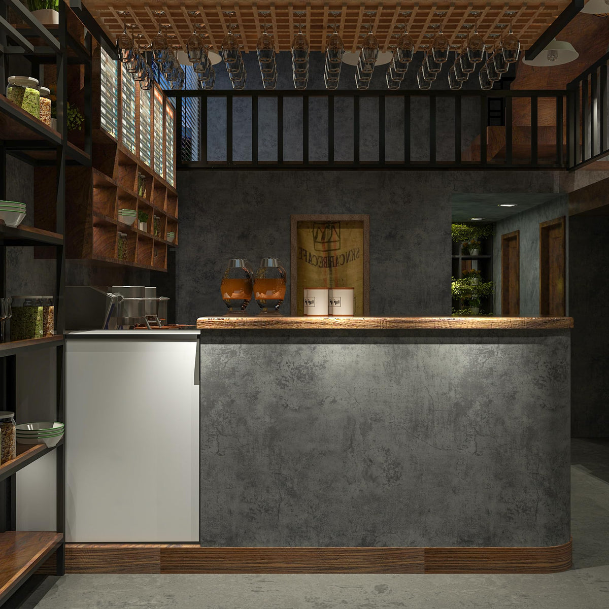 3yecao kitchen island upgrade with concrete wallpaper backsplash feel.