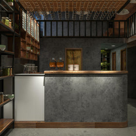 3yecao kitchen island upgrade with concrete wallpaper backsplash feel.