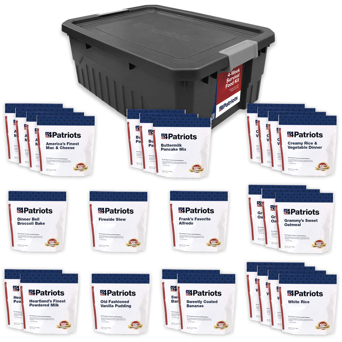 4Patriots 4-Week Survival Food Kit Pack shows durable, long-term emergency storage.
