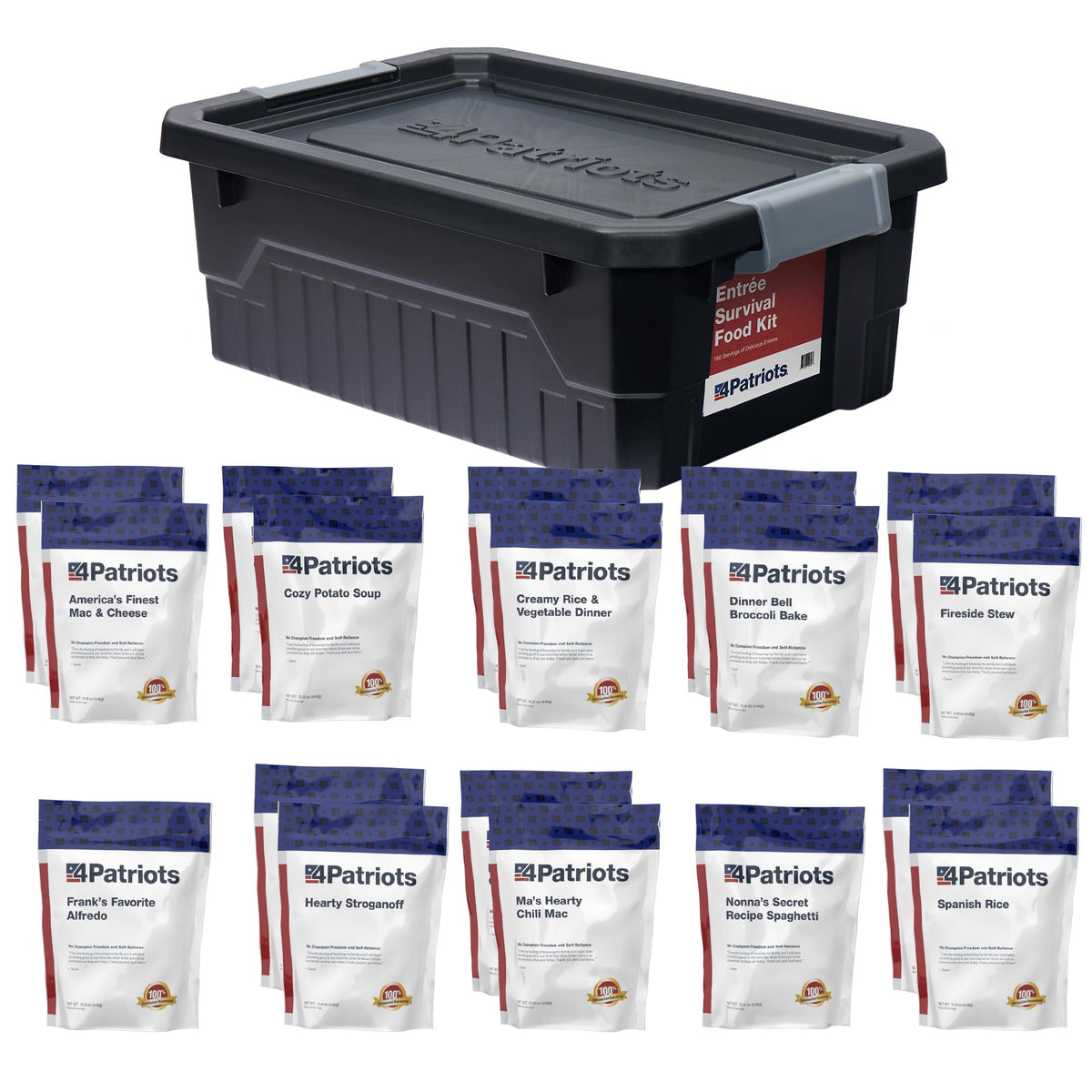 4Patriots Emergency Entree Kit packaging with Mylar pouches and oxygen absorbers for long shelf life.