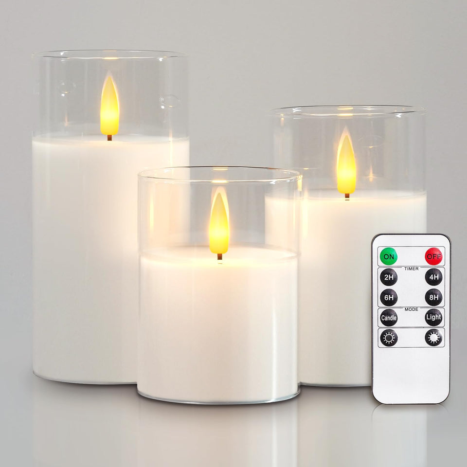 5plots glass candle featuring an amber glow and lifelike flicker for cozy ambiance