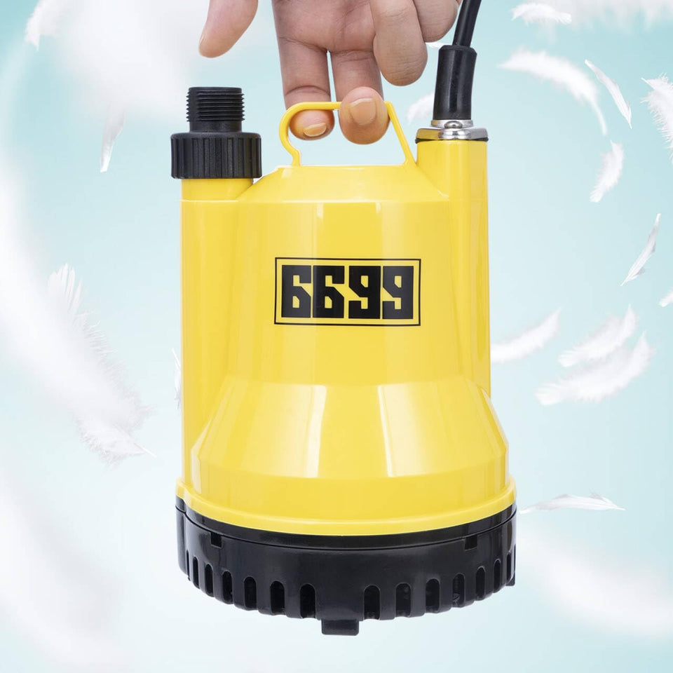6699 submersible pump side view shows compact 1/4 HP design for easy transfer.