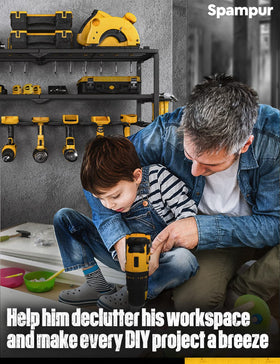 Compact garage storage with Spampur for workshop organization