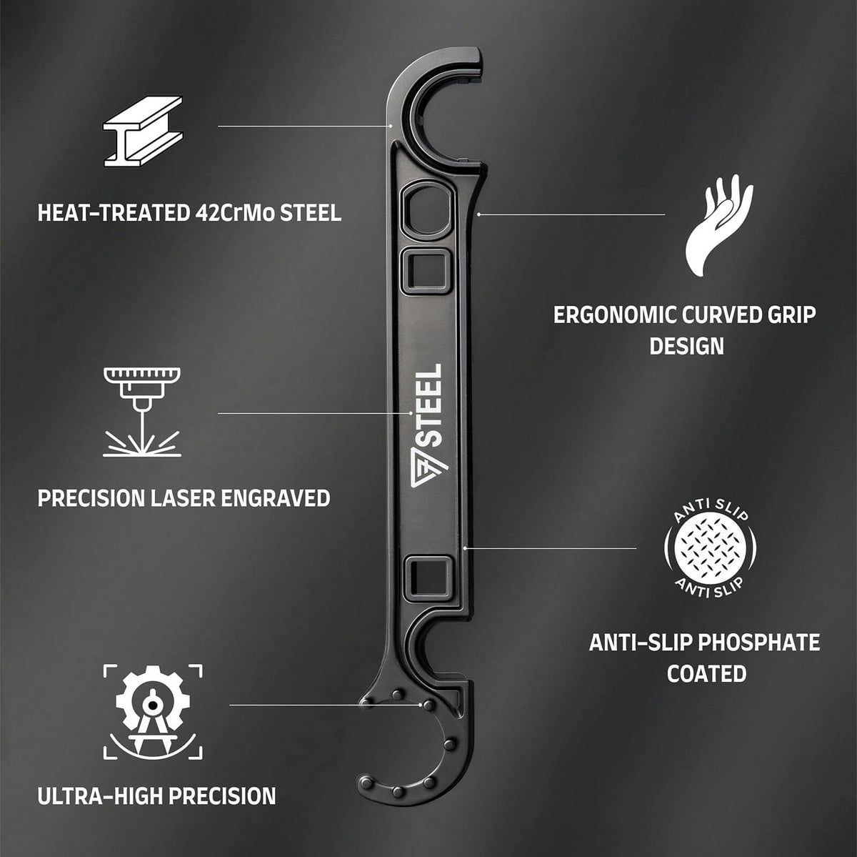 7STEEL Armorers Wrench heat-treated steel body highlights strength and durability during tough tasks