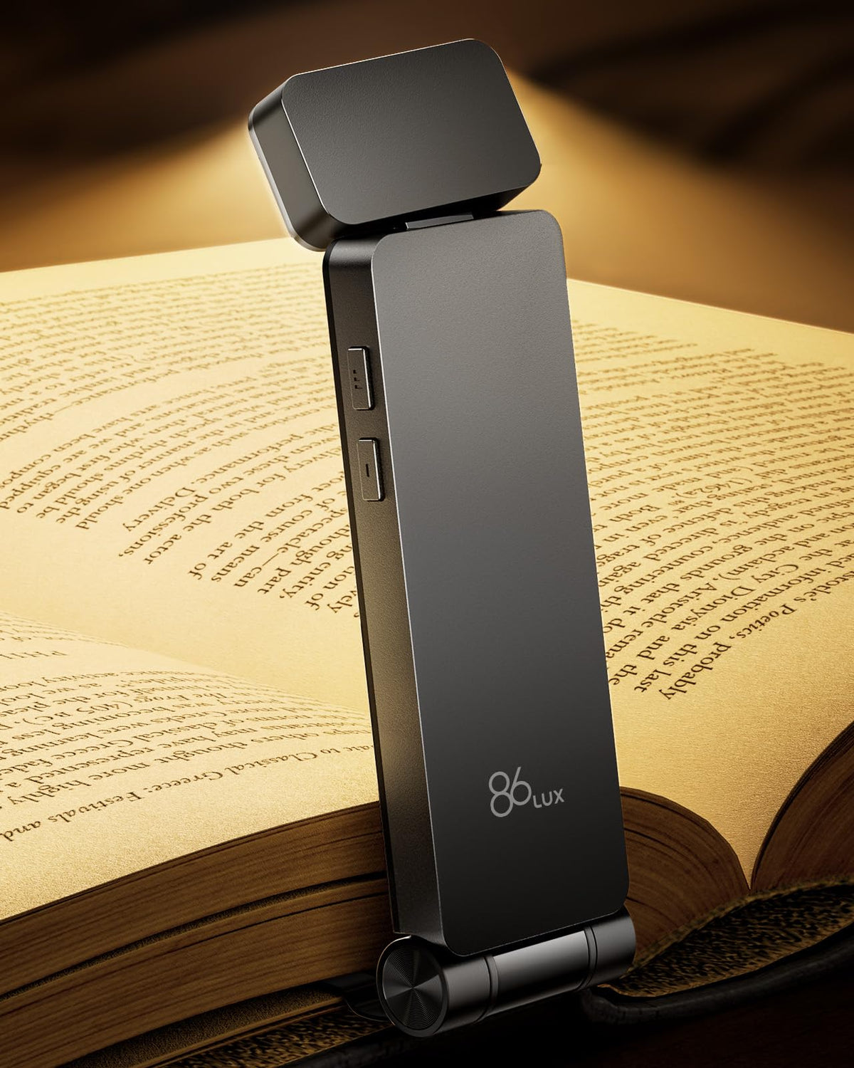 86lux book light clip-on close-up highlighting ultralight, portable bedside reading