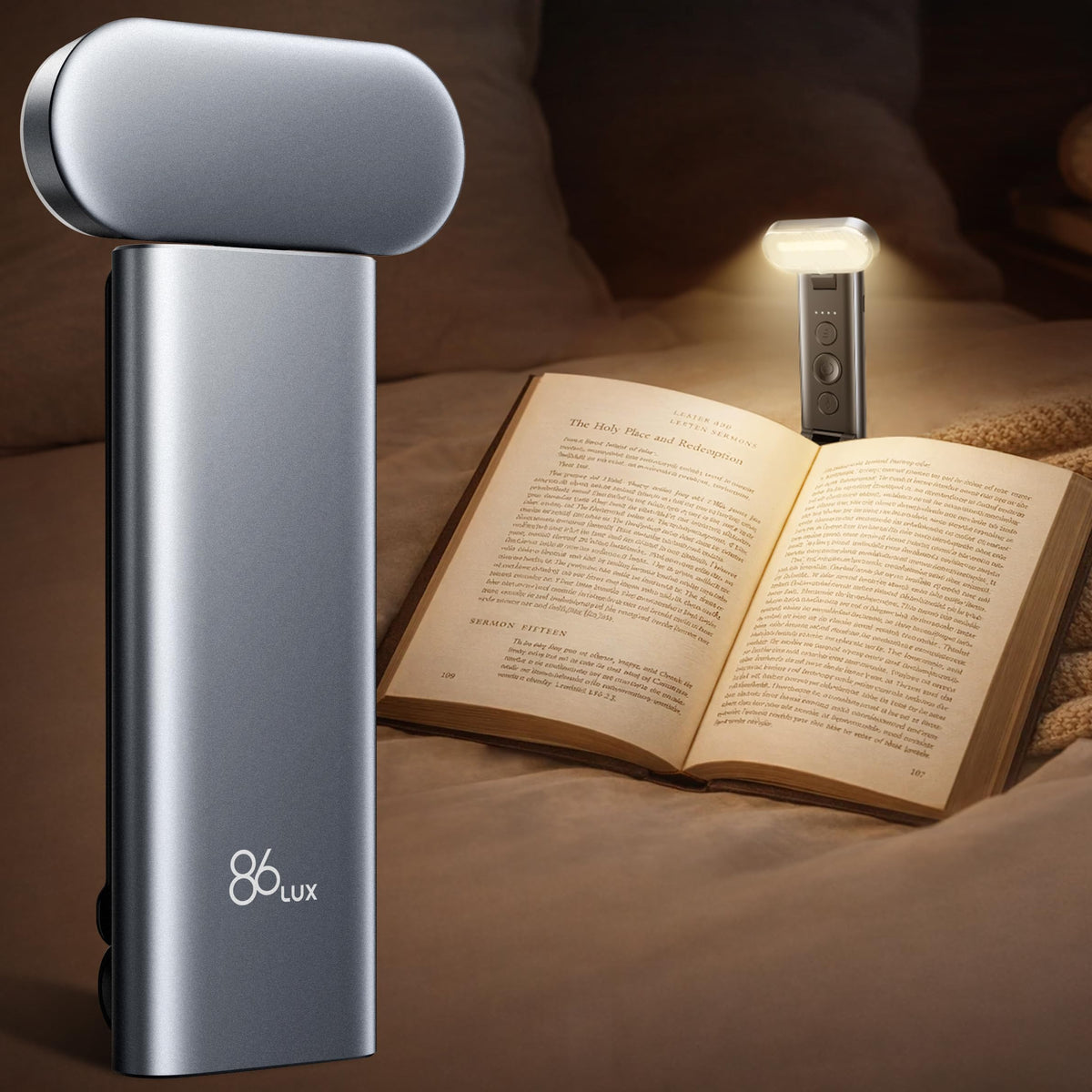 86lux book light shows widened lamp head for even bed reading