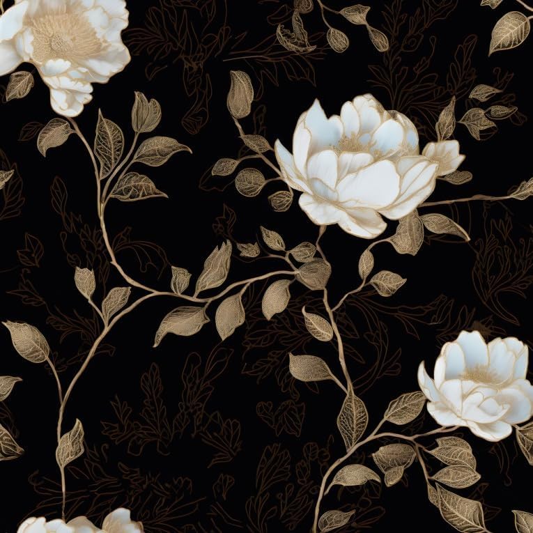 Laatse black golden floral wallpaper roll with self-adhesive backing for quick updates.
