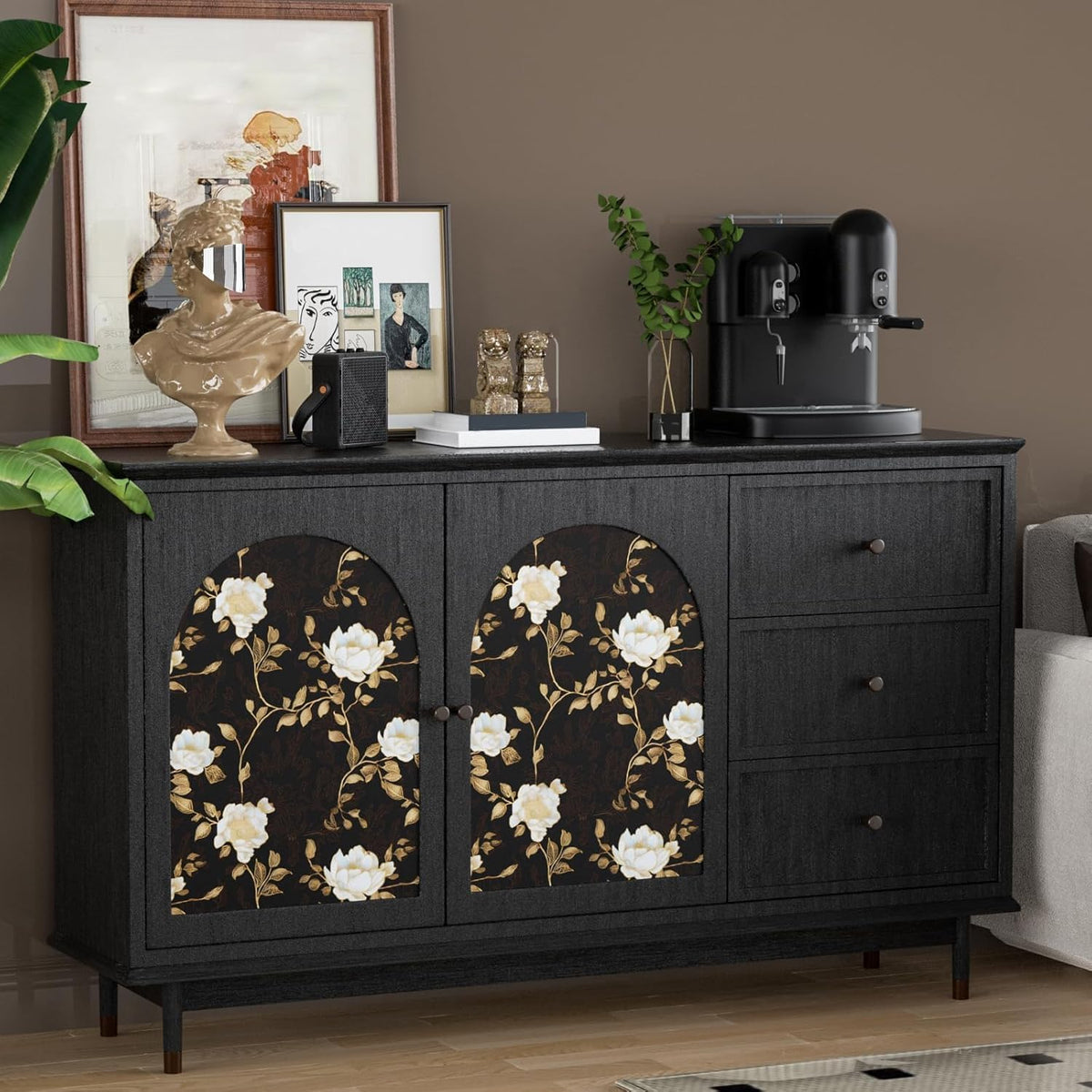 Laatse floral contact paper used as cabinet liner with durable waterproof vinyl.