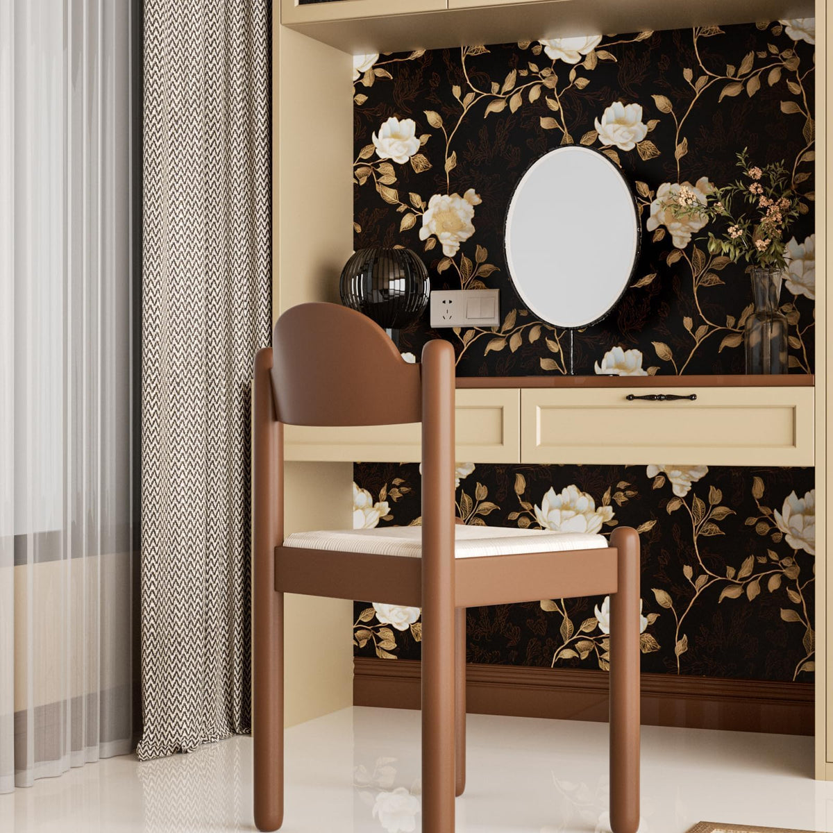 Laatse vintage dark floral design adds timeless elegance to shelves.