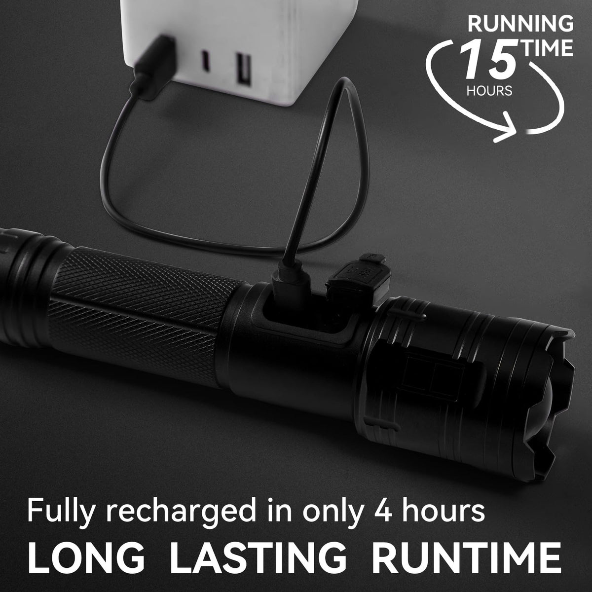 TIMSUMR flashlight highlighting fast-charging chip for quick power-ups.