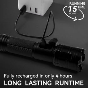 TIMSUMR flashlight highlighting fast-charging chip for quick power-ups.
