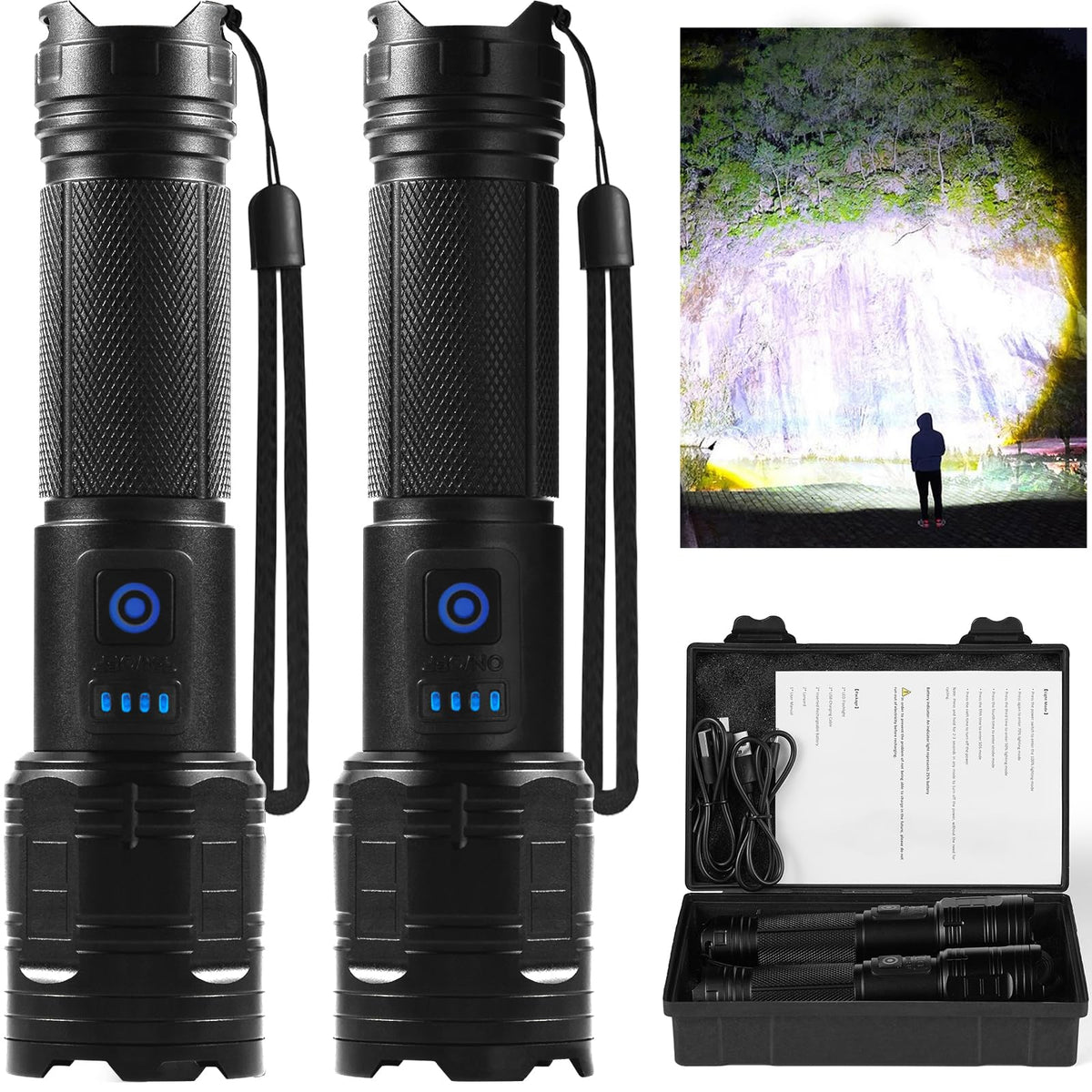 TIMSUMR rechargeable flashlight with 90,000-lumen beam for expansive outdoor visibility.