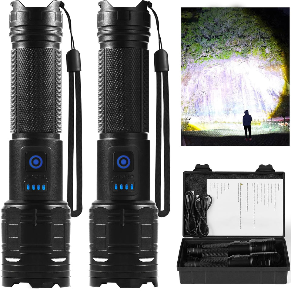 TIMSUMR rechargeable flashlight with 90,000-lumen beam for expansive outdoor visibility.