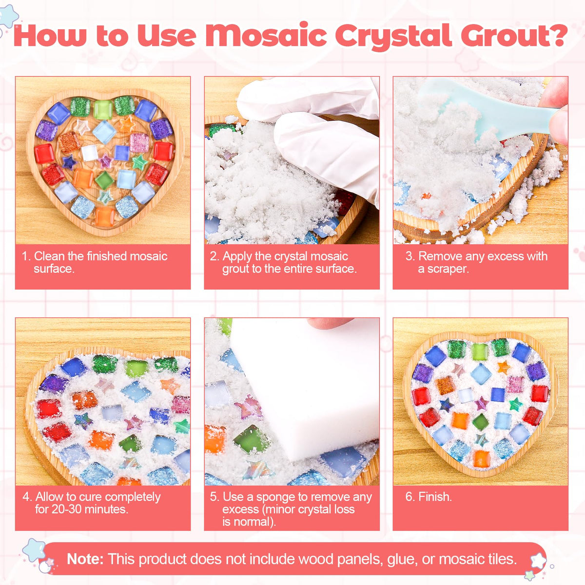 A-HEYIDA Mosaic Crystal Grout kit includes scraper, gloves, sponge for easy setup.