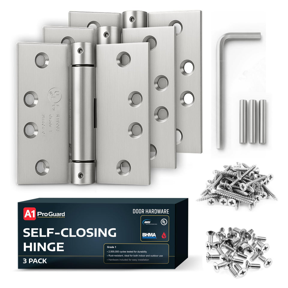 A1 ProGuard satin door hinge close-up showing durable steel construction.