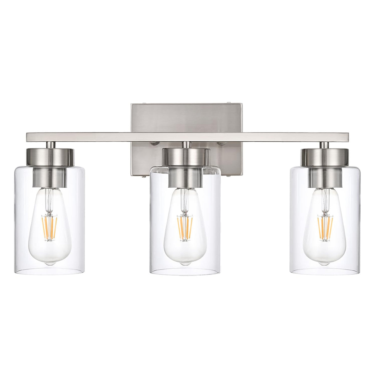 A1A9 3-light bathroom vanity light with brushed nickel finish over a modern mirror