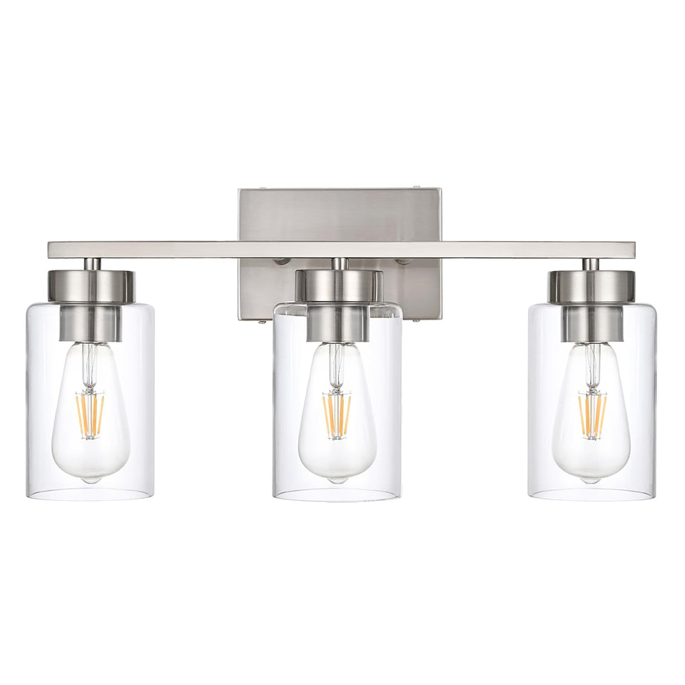 A1A9 3-light bathroom vanity light with brushed nickel finish over a modern mirror