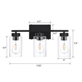 A1A9 bathroom vanity light with clear glass shades provides bright task lighting.