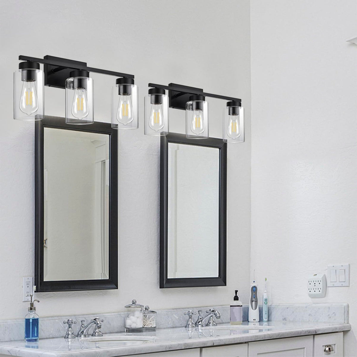A1A9 wall lamp complements mirrors and cabinets with clear glass detail.