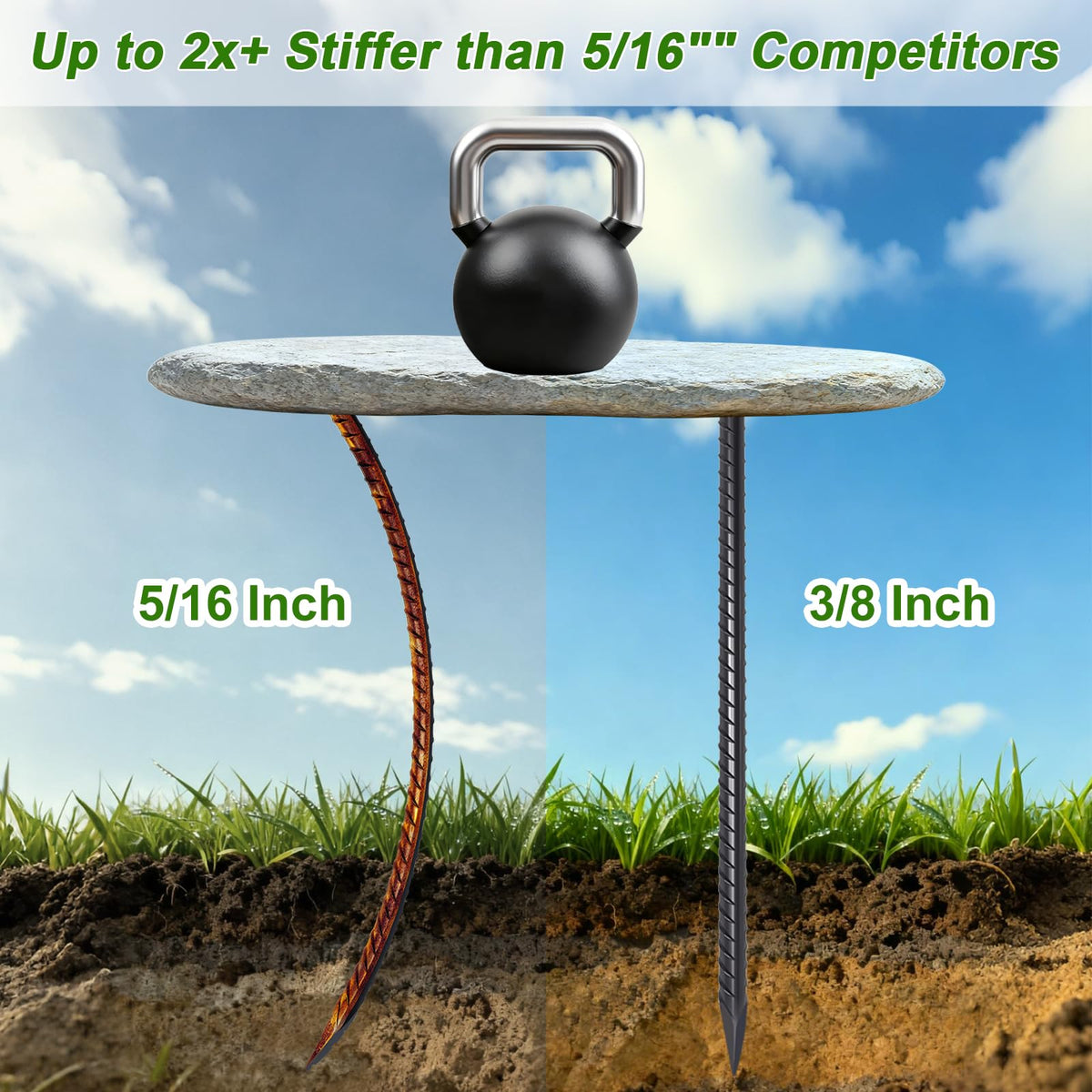 AAGUT chisel-point ground stakes ease insertion into soil for deep penetration.