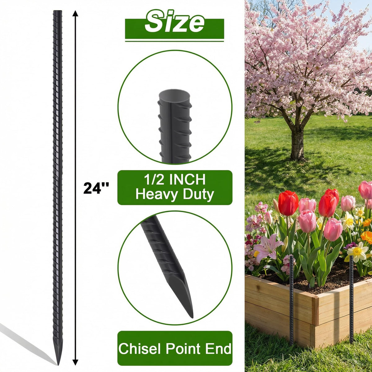 AAGUT rebar stake with chisel-tip drives easily through soil.