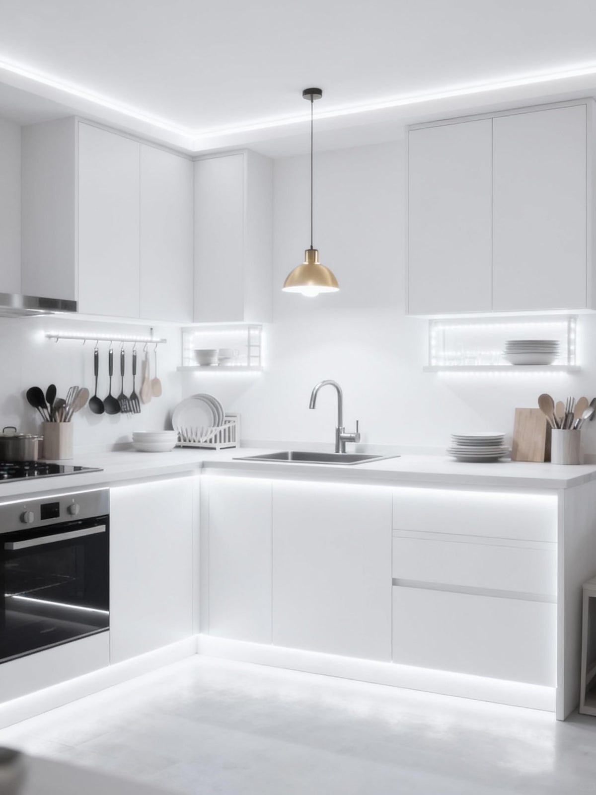 Aalnfe LED strip backsplash highlight in a modern kitchen.
