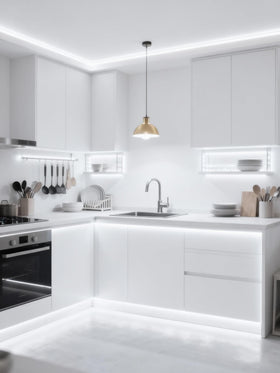 Aalnfe LED strip backsplash highlight in a modern kitchen.