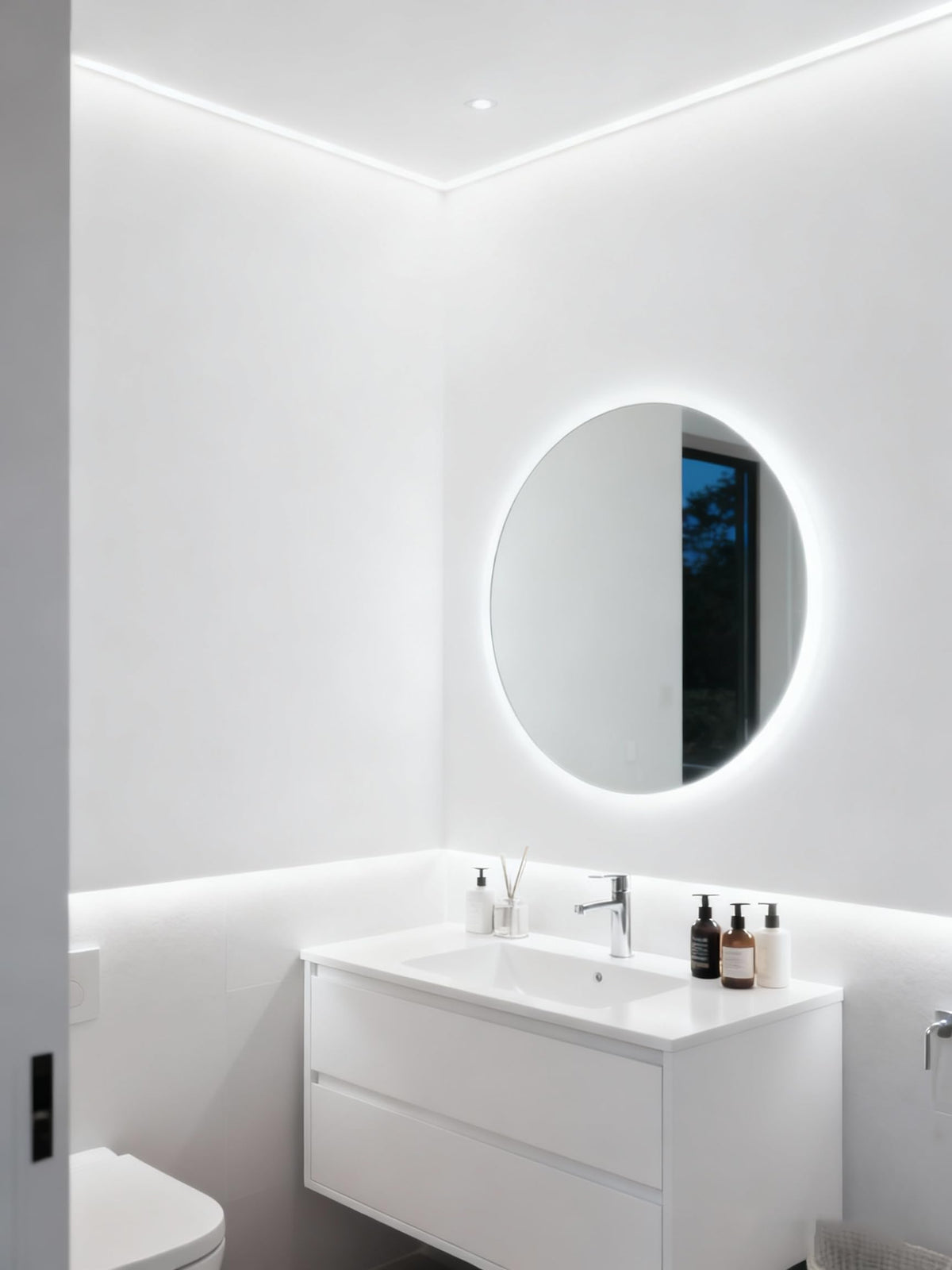 Aalnfe LED strip used as mirror frame accent in bathroom.