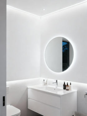 Aalnfe LED strip used as mirror frame accent in bathroom.