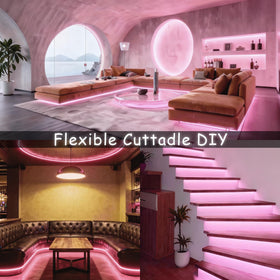 Aalnfe pink LED strip outlining a bathroom mirror for enhanced grooming light