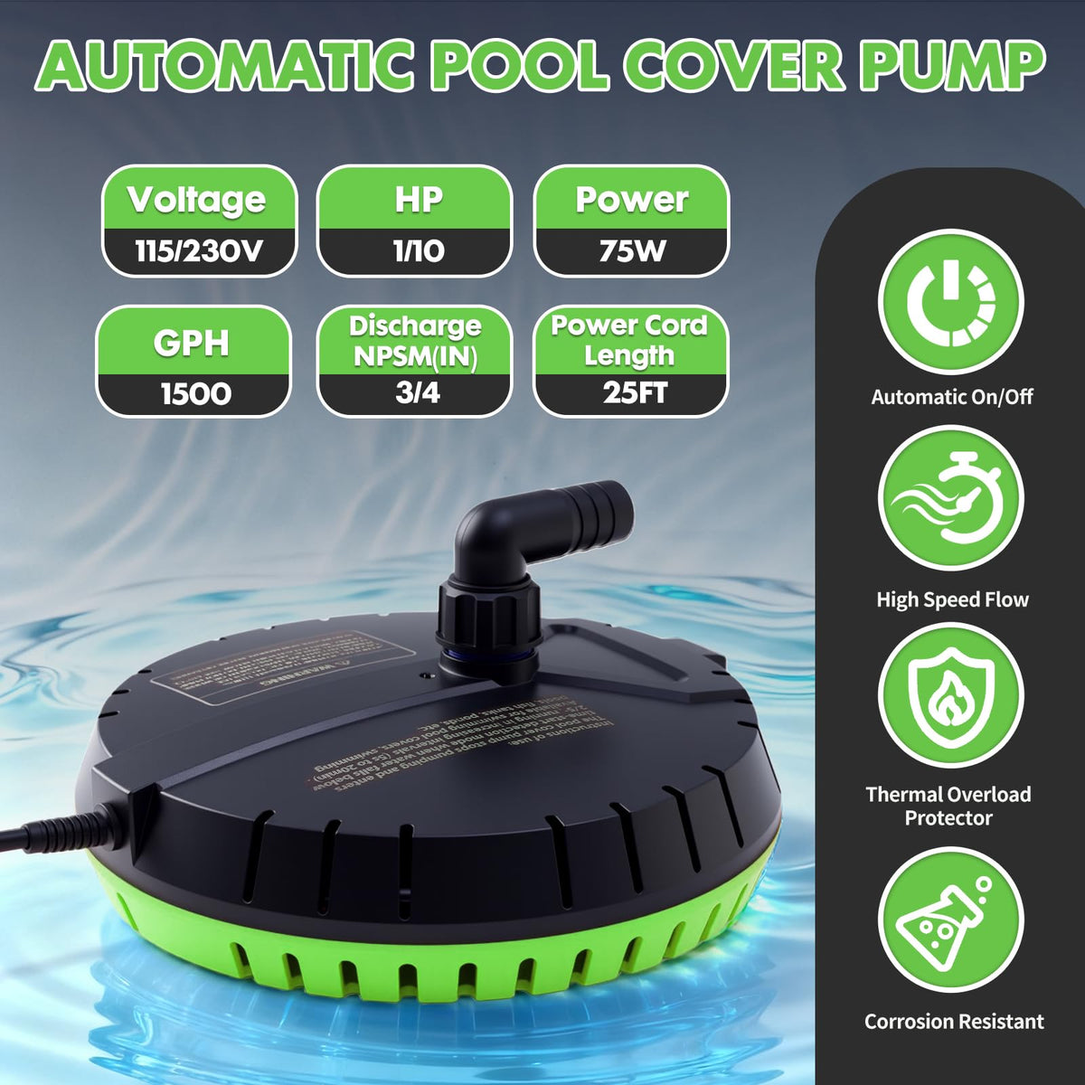 Aarcinhke pool cover pump installed on a pool cover for automated drainage.