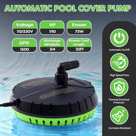 Aarcinhke pool cover pump installed on a pool cover for automated drainage.