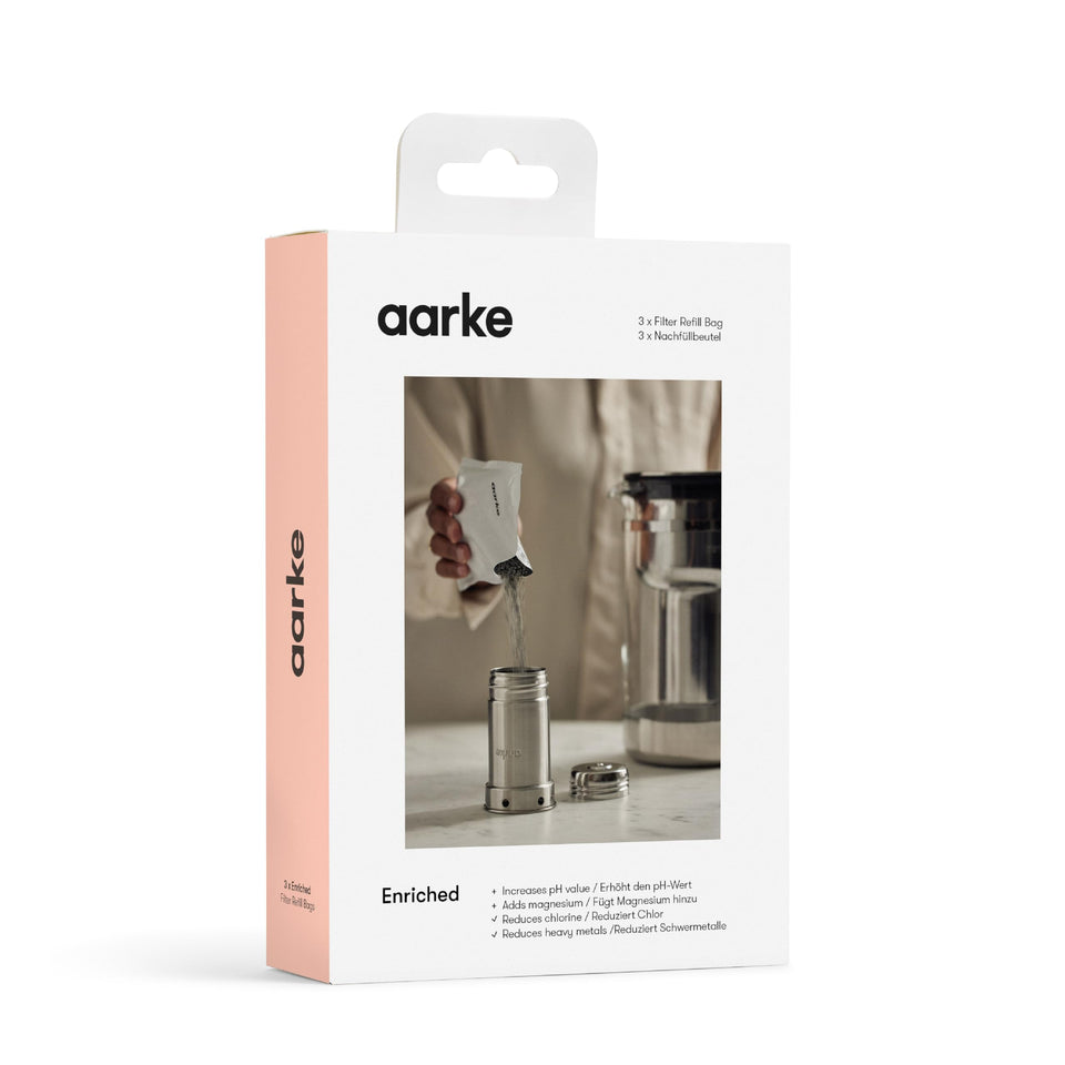 Aarke enriched granules pour into purifier cartridge for mineral-rich alkaline water.