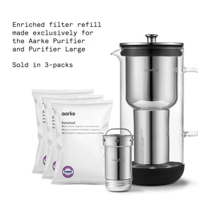 Purifier pitcher being refilled with Aarke granules, reducing waste.