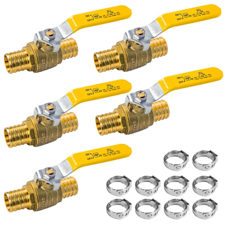 AB PEX ball valve 1in full port packaging highlights durable brass body for long life.