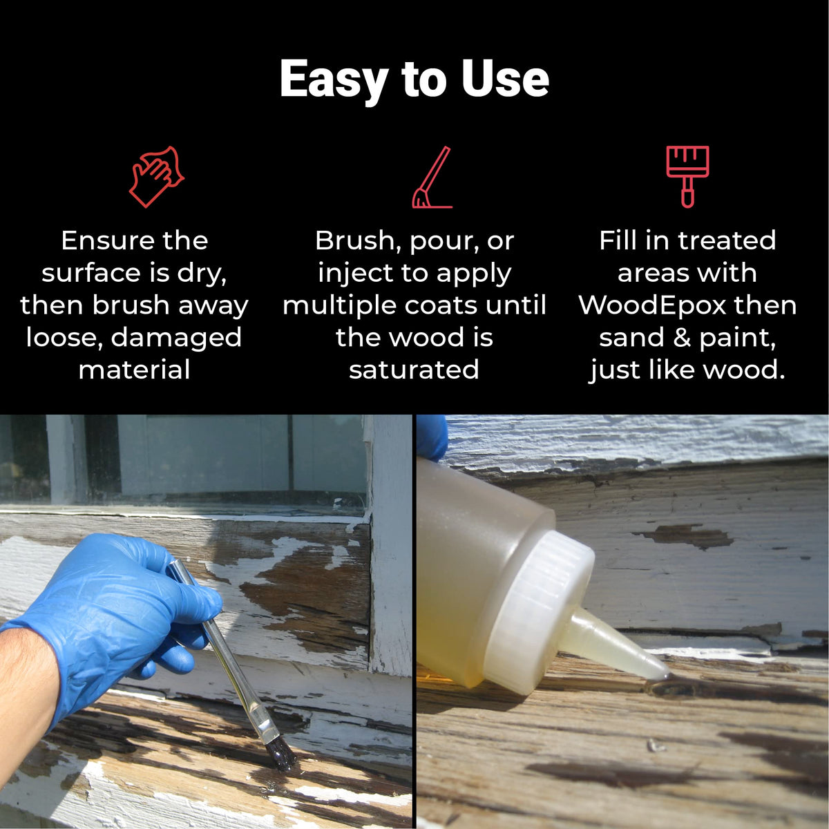 Applying LiquidWood to damaged wood for penetration and reinforcement.