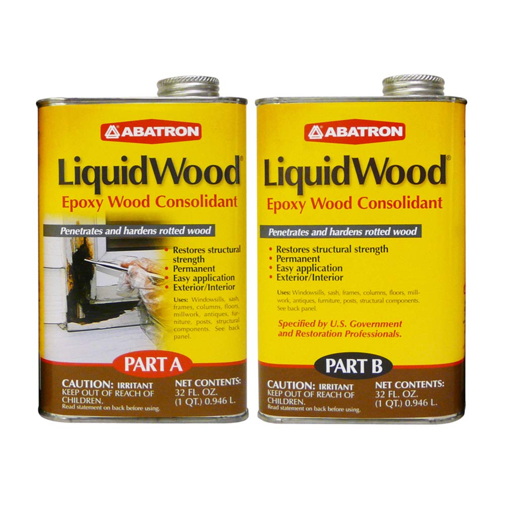 Abatron LiquidWood Kit bottle close-up for easy wood repair and restoration.