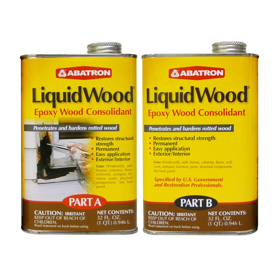 Abatron LiquidWood Kit bottle close-up for easy wood repair and restoration.