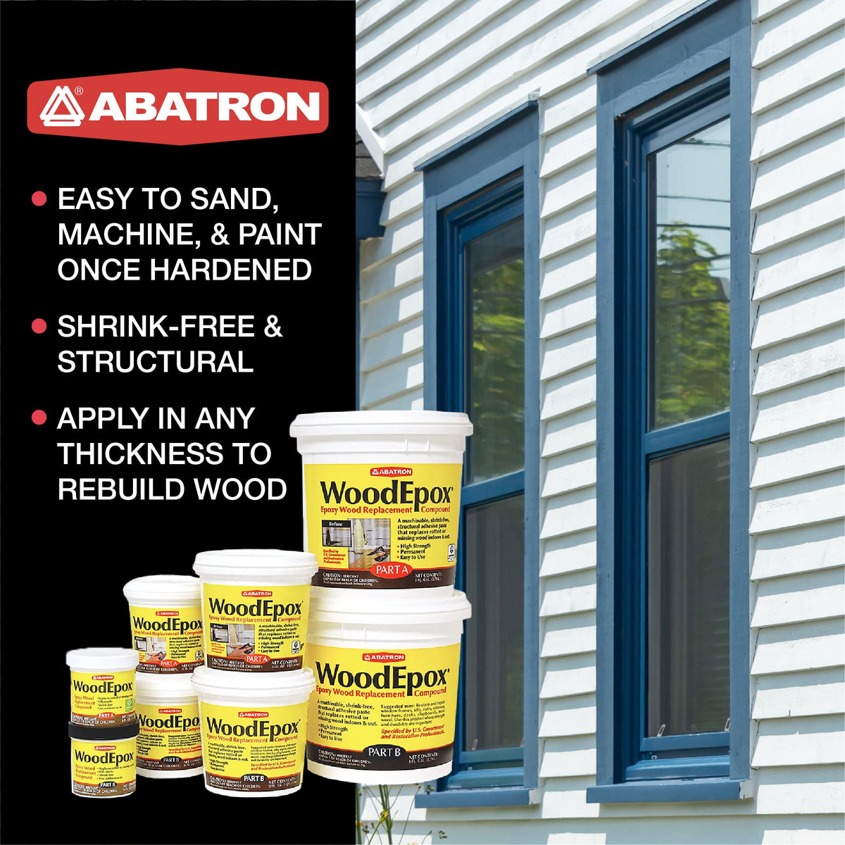 Abatron WoodEpox wood repair for windows using shrink-free, structural filler