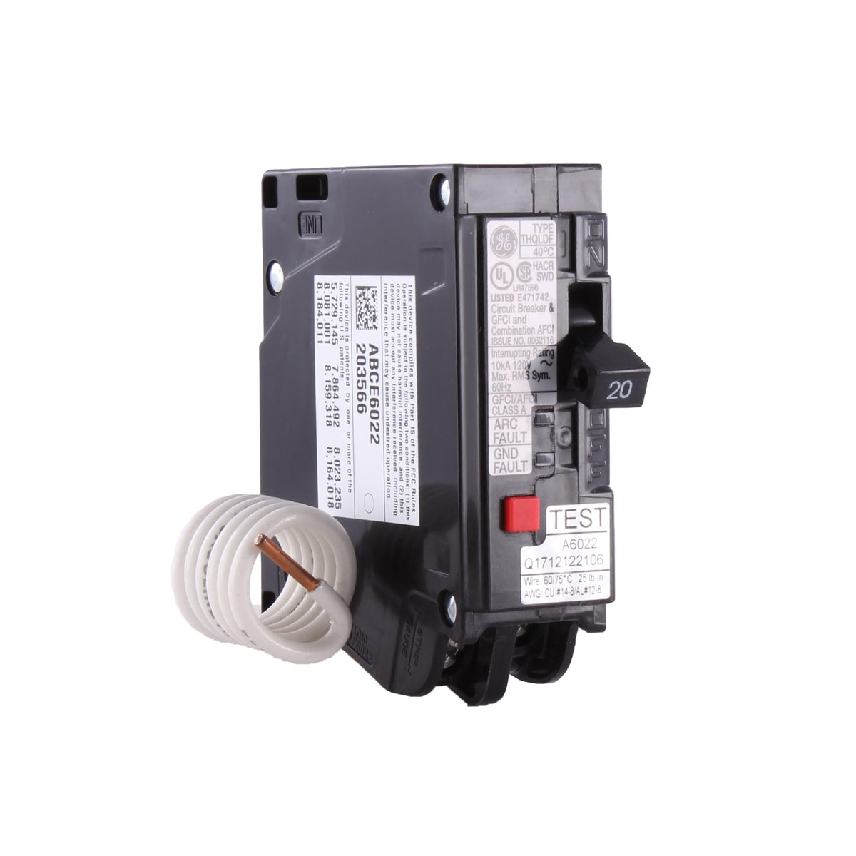 ABB THQL1120DF 20A single-pole breaker protects circuits from arc and ground faults.