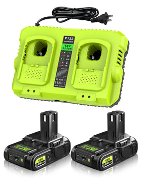 Abeden 2-pack 3.0Ah Ryobi 18V batteries powering cordless tools.