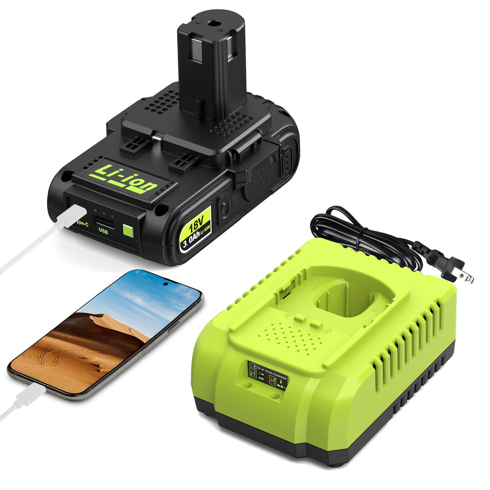 Abeden 3.0Ah Ryobi battery charger with USB port for on-site phone charging