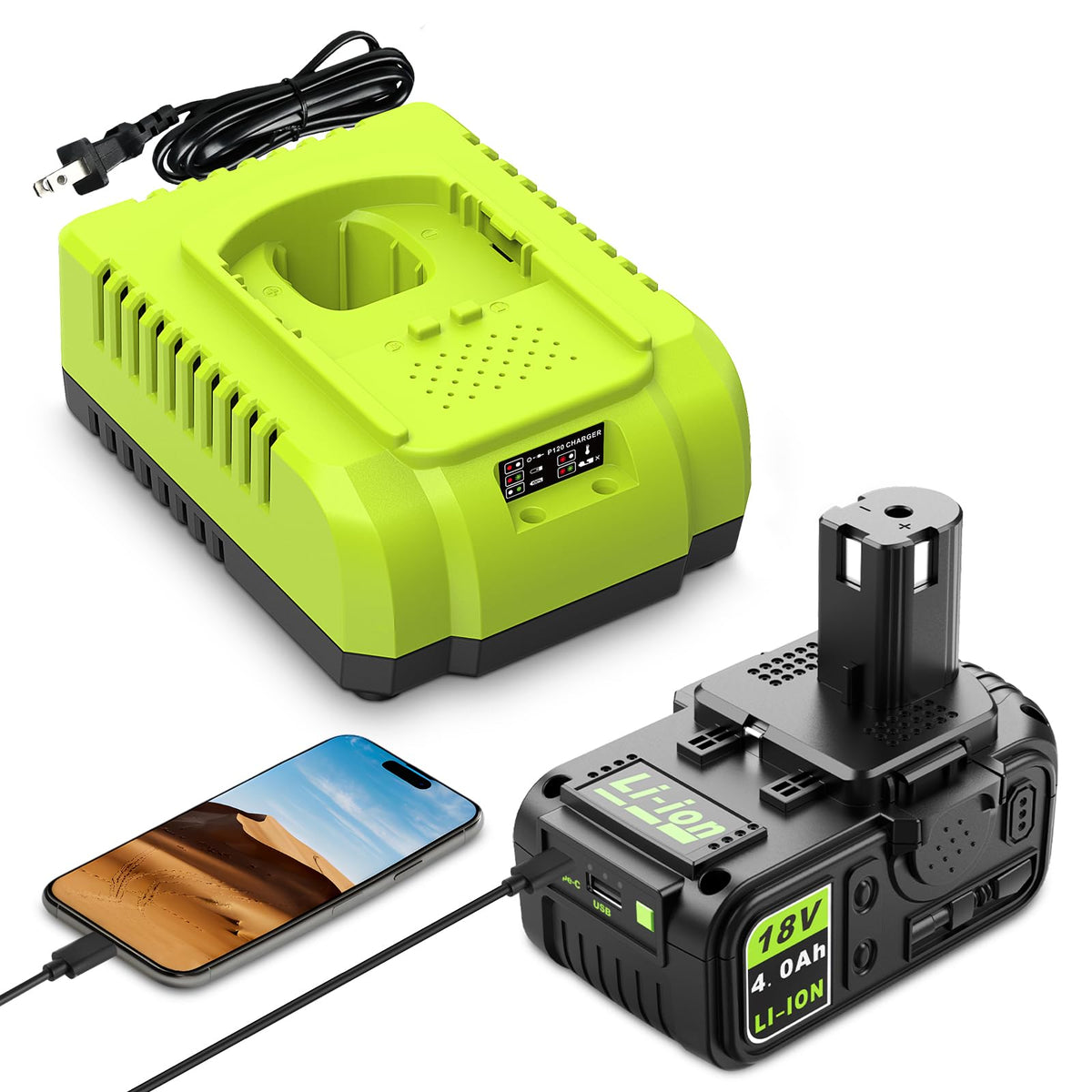 Abeden 18V 4.0Ah battery powers Ryobi ONE+ tools for longer runtime.