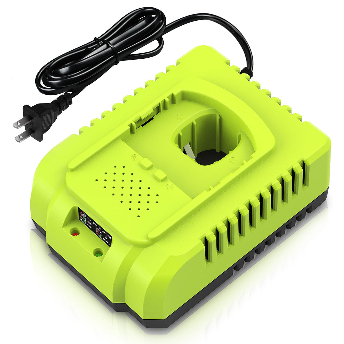 Abeden P117 fast charger front view powering Ryobi 18V batteries