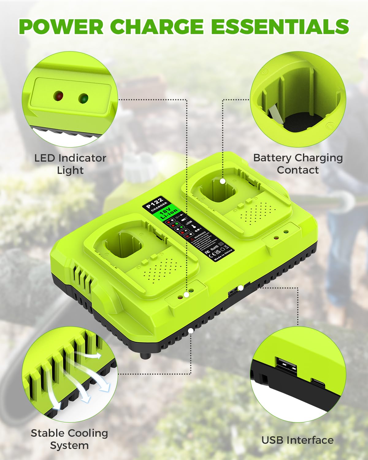 Abeden Ryobi 18V One+ charger indicators display charging status clearly.