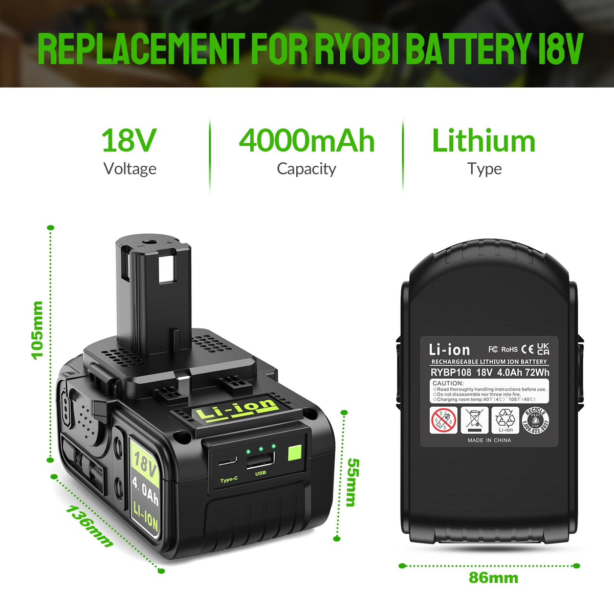 Abeden Ryobi P108 4.0Ah battery side view with balanced design
