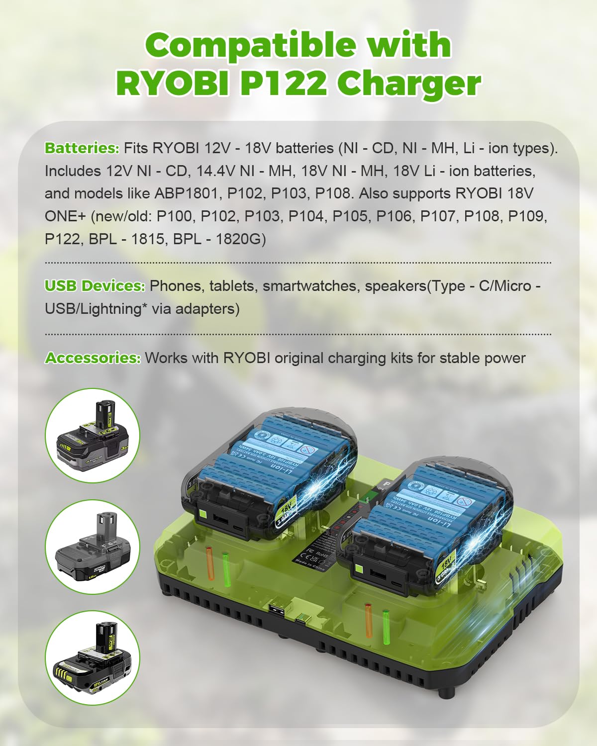 Abeden Ryobi charger with wall-mount holes for organized workspace.