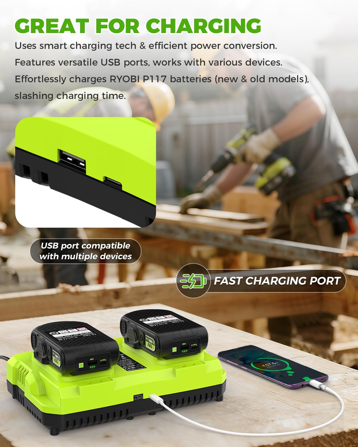 Abeden Ryobi dual-port charger compact design suitable for job sites.